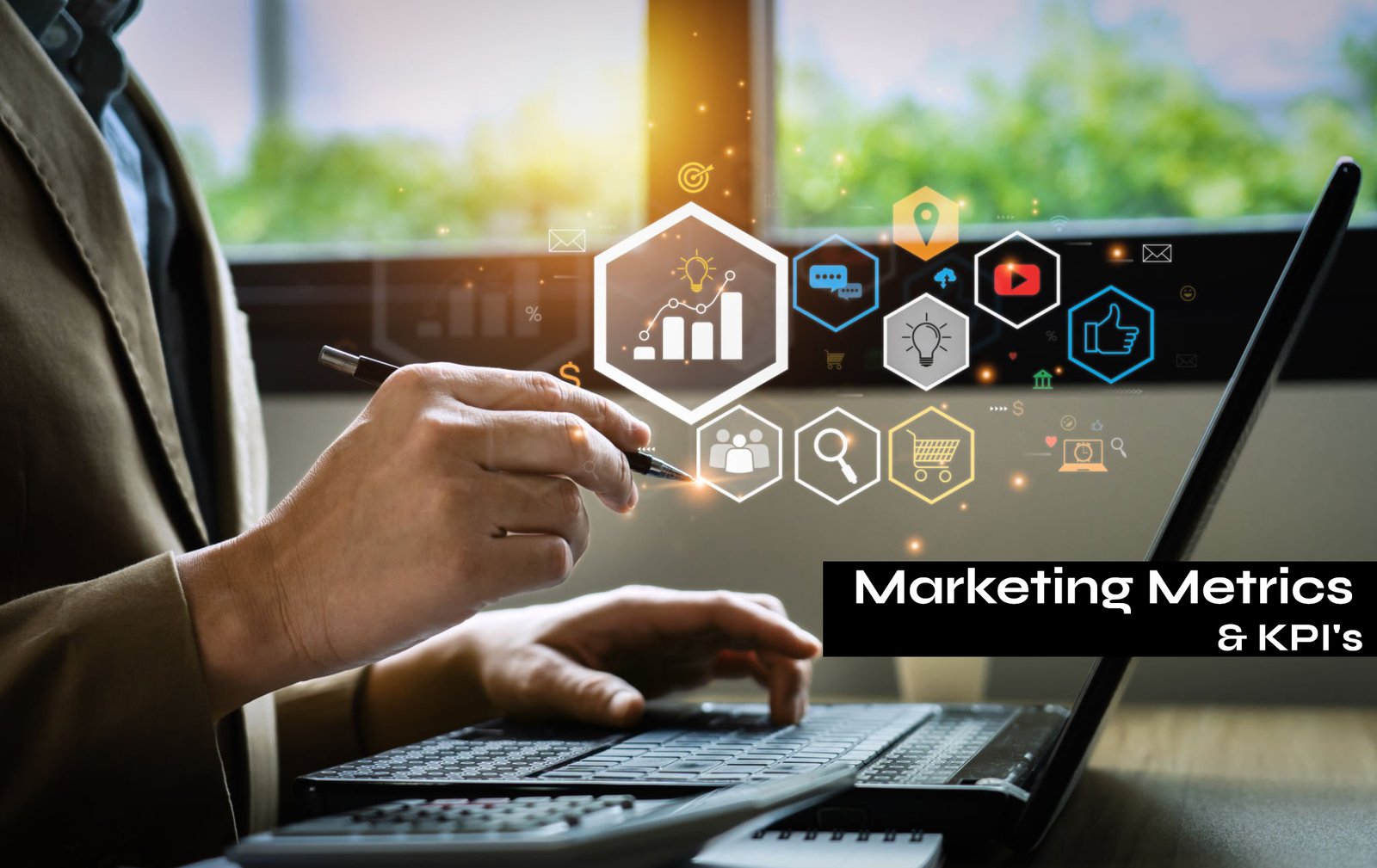 Marketing Metrics Cheat Sheet with icons representing CPA, LTV, Website Traffic, and Ad Clicks